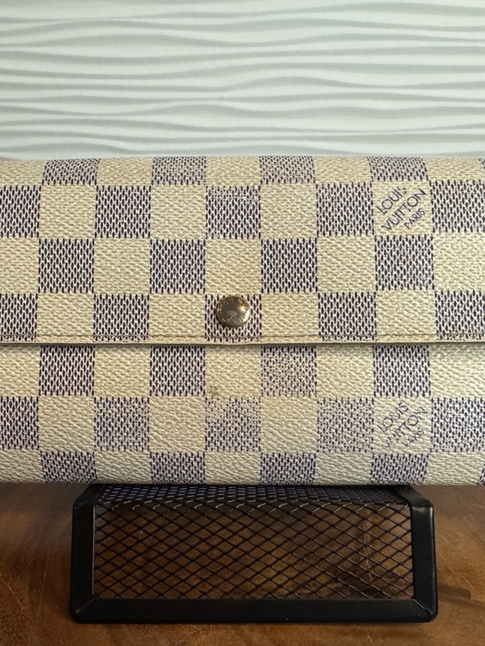 Louis Vuitton Damier Azur Checkered Continental Wallet with Gold Button